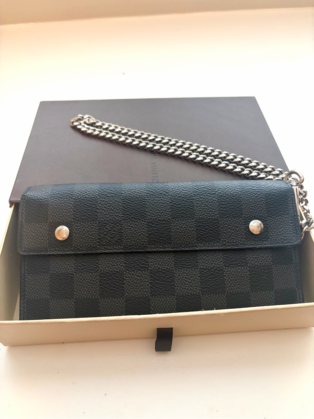 LOUIS VUITTON Damier Graphite long wallet with chain (WOC)-Authentic